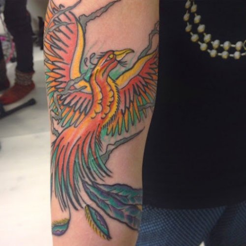 Colored Phoenix Tattoo On Full Sleeve For Men