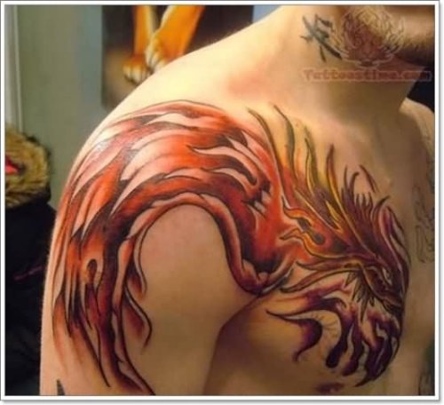 Man Right Shoulder Color Ink Flying Phoenix Tattoo