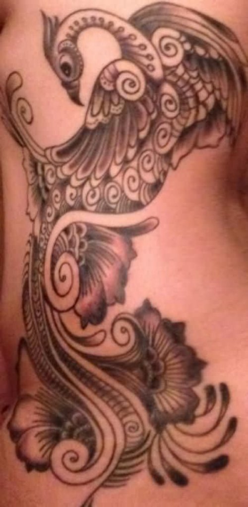 Grey Ink Phoenix Tattoo On Left Side Rib