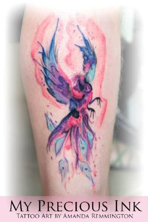 Water Color Phoenix Tattoo On Leg