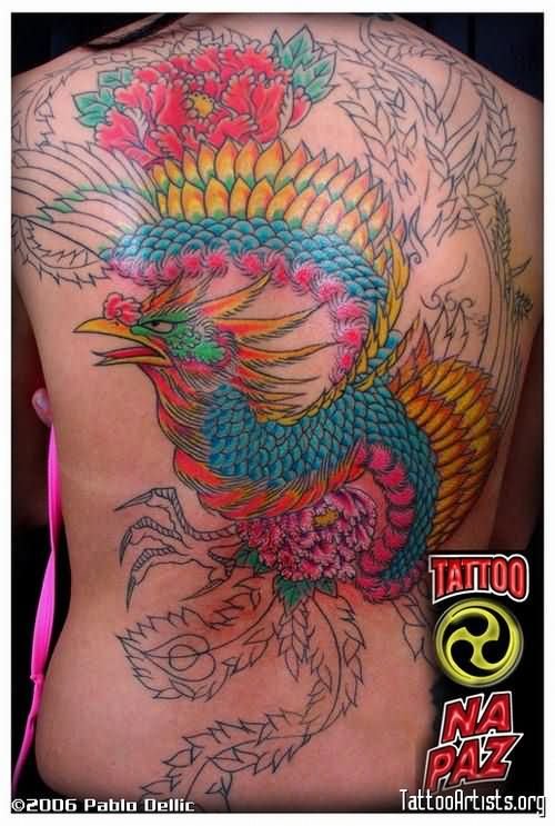 Amazing Color Ink Phoenix Tattoo On Back Body