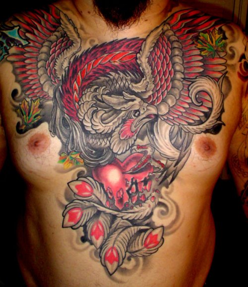 Color Phoenix Tattoo On Man Chest