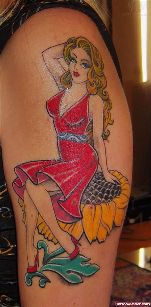 Beautiful Pinup Girl Color Ink Tattoo