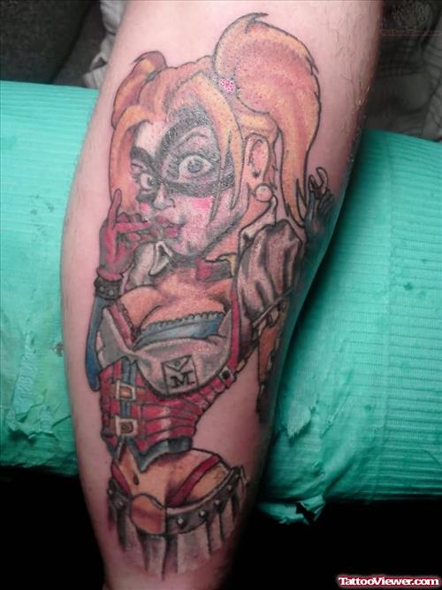 Harleyquinn Color Ink Tattoo On Forearm