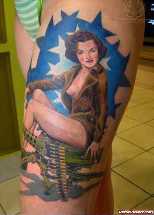 Pin Up Girl Colorful Tattoo On Thigh