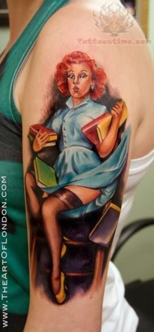Pin Up Girl With Books Tattoo On Bicep