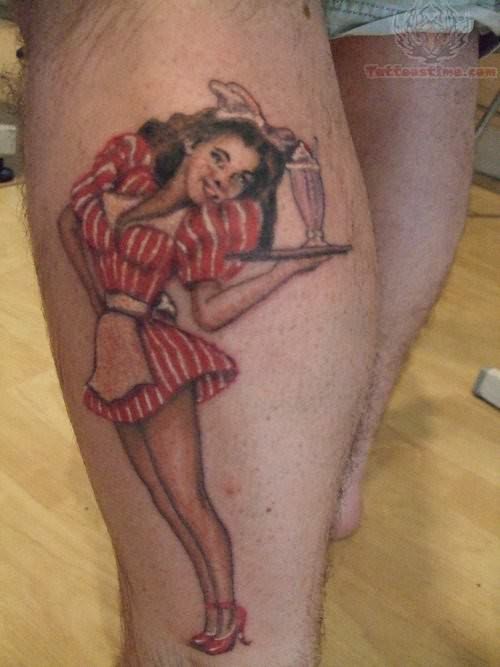 Cute Girl Tattoo On Leg