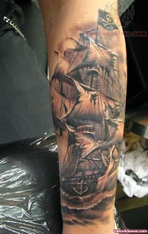 Fine Pirate Ship Tattoo On Arm