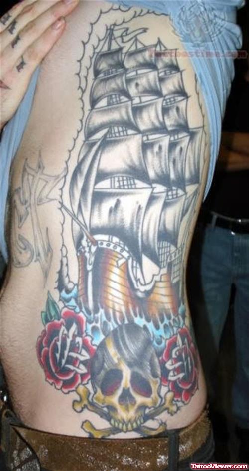Side Rib Large Ship Tattoo
