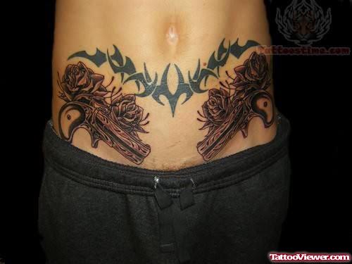 Pistol And Roses Tattoos on Hip