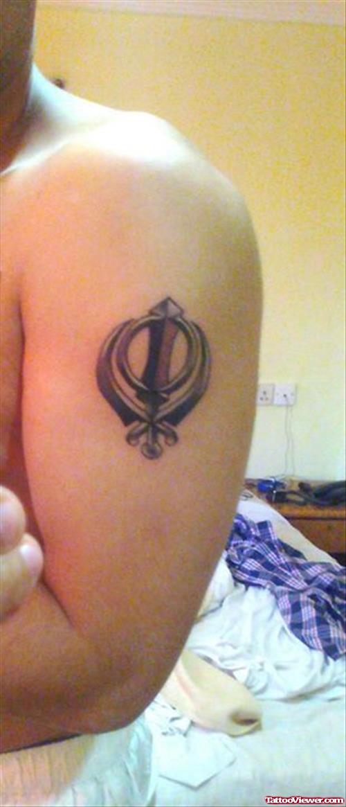 Grey Ink Khandda Tattoo On Left Bicep For Men