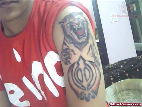 Tiger And Khanda Tattoo On Sleeve