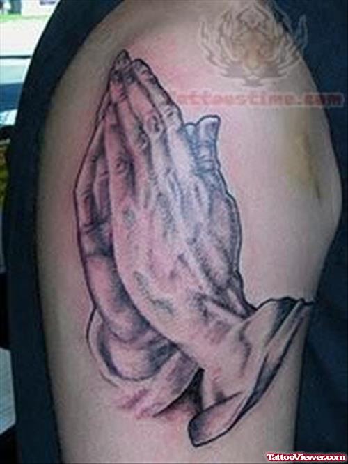 Religious Praying Hands Tattoo On Shoulder