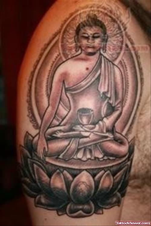 Mahatma Buddha Religious Tattoo On Shoulder