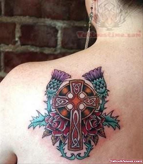 Colored Cross Tattoo On Back