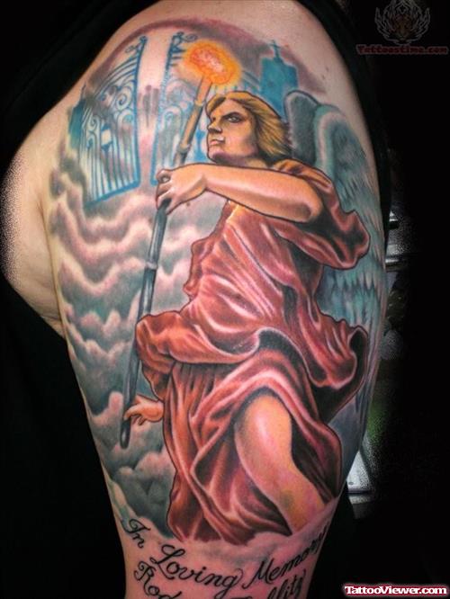Religious Color Ink Tattoo On Shoulder