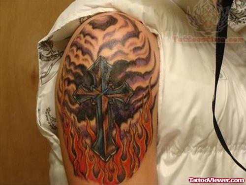 Flaming Cross Tattoo On Shoulder