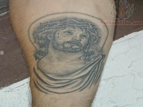 Jesus-Mary Black And White Tattoo On Arm