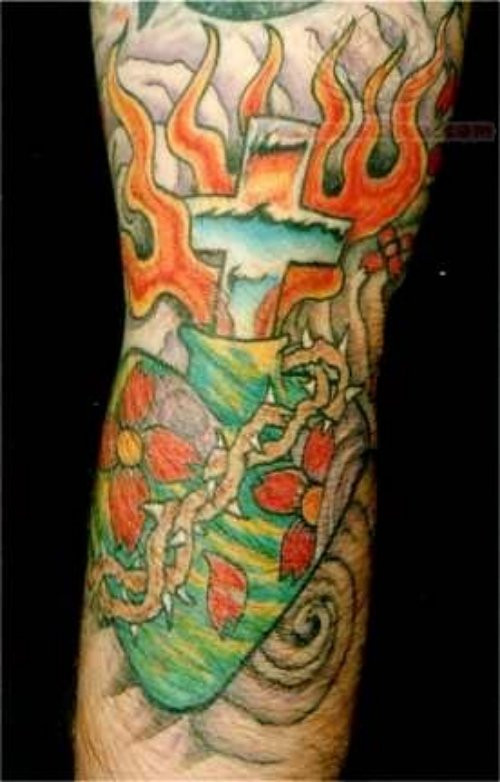 Religious Burning Cross Tattoo On Arm