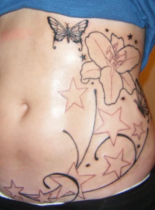 Butterfly And Stars Ribs Tattoo