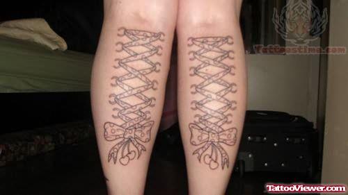 Corset Ribbon Tattoos On Legs