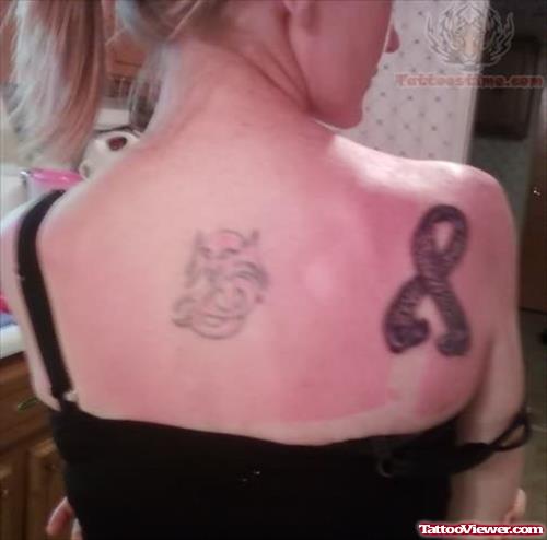 Ribbon Tattoo On Back Shoulder
