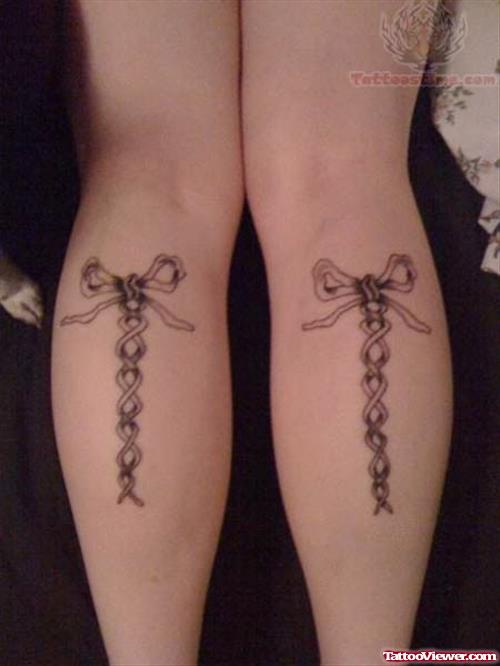 Laced Up Bow Tattoos On Legs