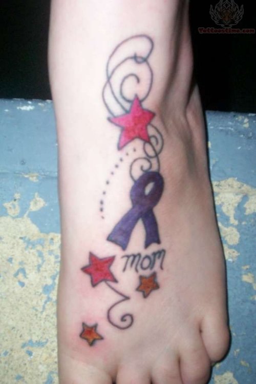 Purple Ribbon Tattoo On Foot