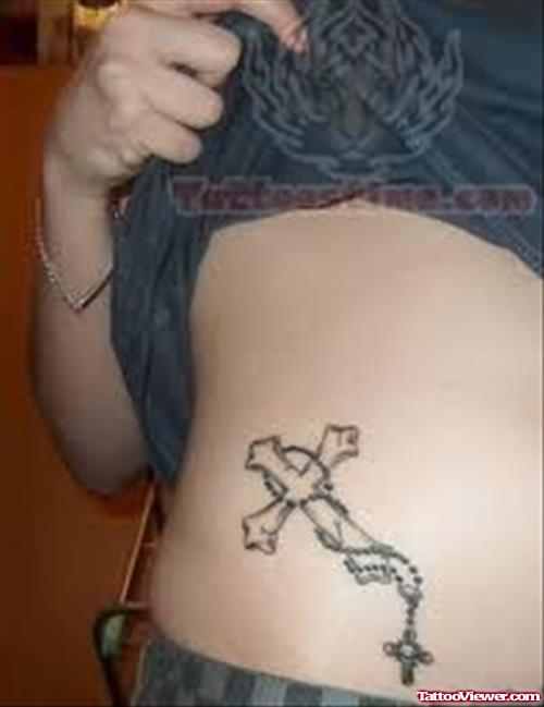 Cross And Rosary Tattoo On Ribs