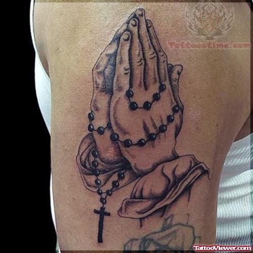 Folding Hands Rosary Tattoo On Shoulder