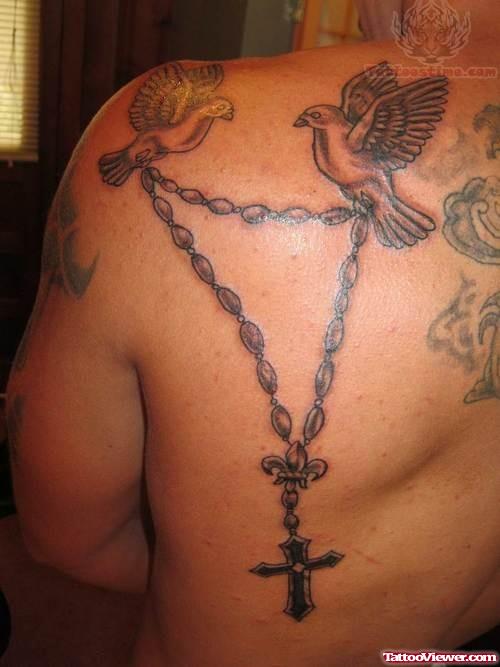 Birds And Rosary Tattoo On Back Shoulder