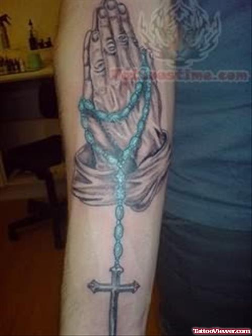 Blue Rosary Praying Hands Tattoo