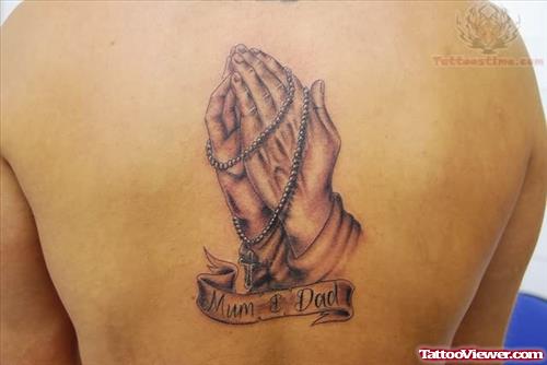 Praying Hands Rosary Tattoo On Back