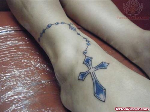 Blue Rosary Tattoo For Ankle
