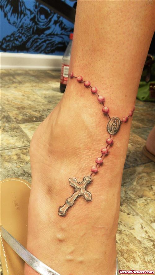 Rosary Color Ink Tattoo On Ankle