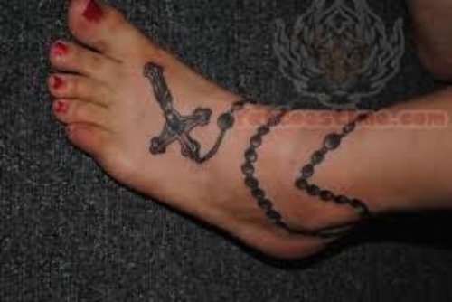Cross Rosary Tattoo On Foot