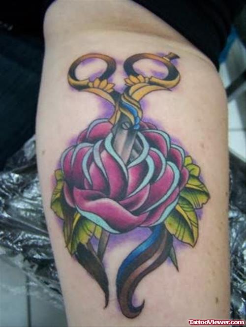 Scissor Rose Tattoo On Arm