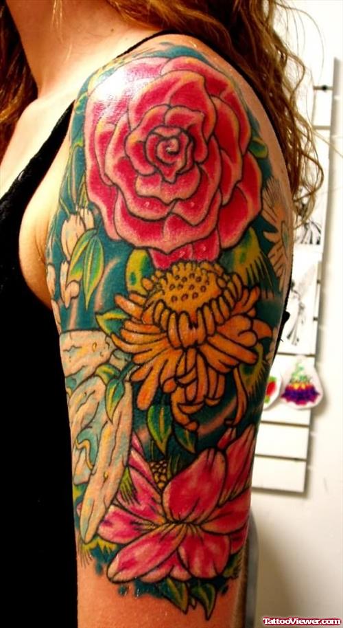 Rose Flower Tattoo On Girls Shoulders