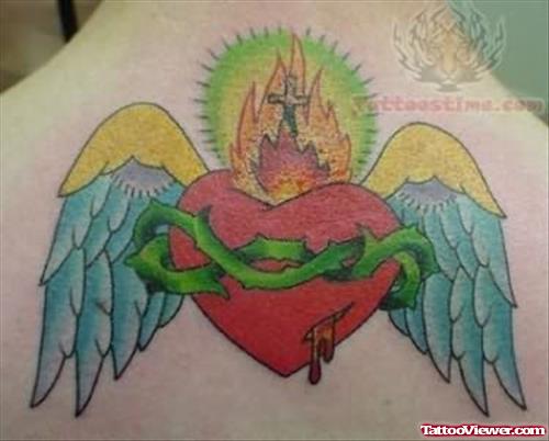 Winged Sacred Heart Tattoo On Backpiece