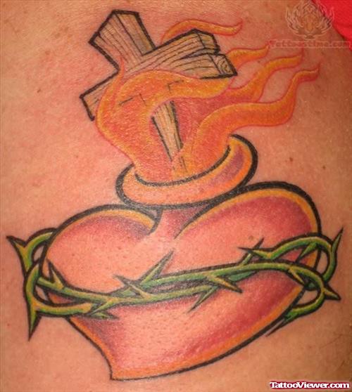 Sacred Heart Cross Flaming Tattoo