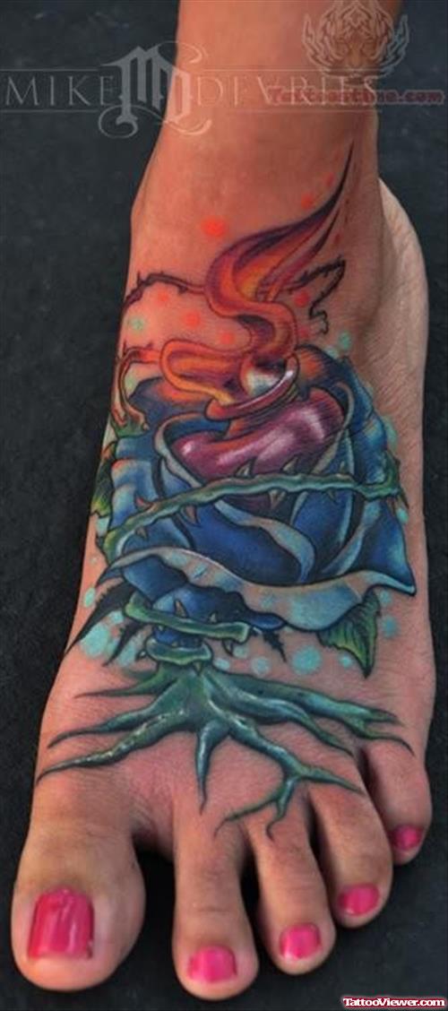 Rose And Sacred Heart Tattoo On Foot