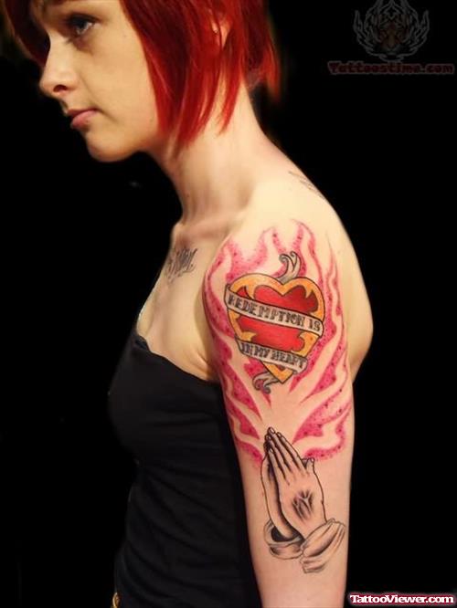 Sacred Heart And Folding Hands Tattoo