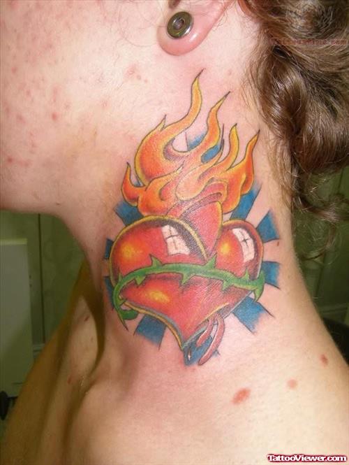 Burning Sacred Heart Tattoo On Neck