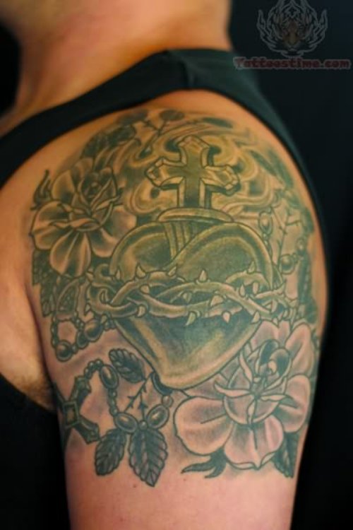 Roses And Sacred Heart Tattoo