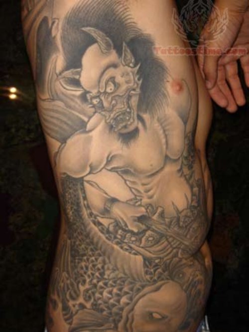 Demon Scary Tattoo On Side Rib
