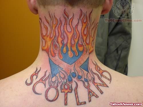 Fire Scotland Tattoo On Back Neck