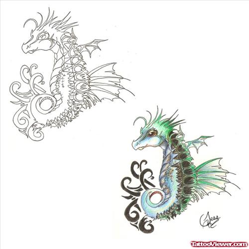 Sea Horse Coloured And Outline Tattoo