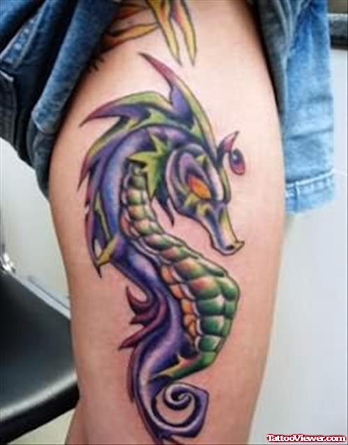 Coloured Big Sea Horse Tattoo On Thigh
