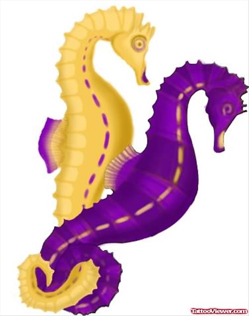 Yellow And Purple Seahorse Tattoo Design