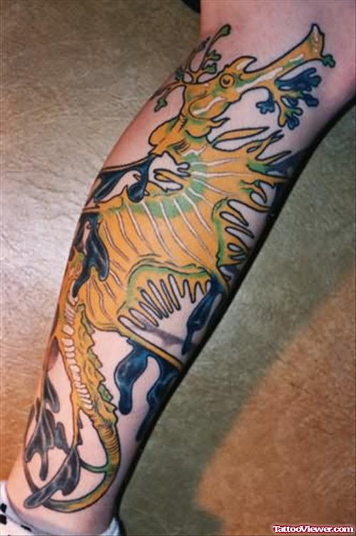 Sea Horse Big Tattoo On Leg